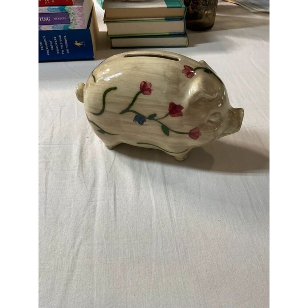 Vintage 1994 Artist Signed Hand Painted Ceramic Floral Piggy Bank
